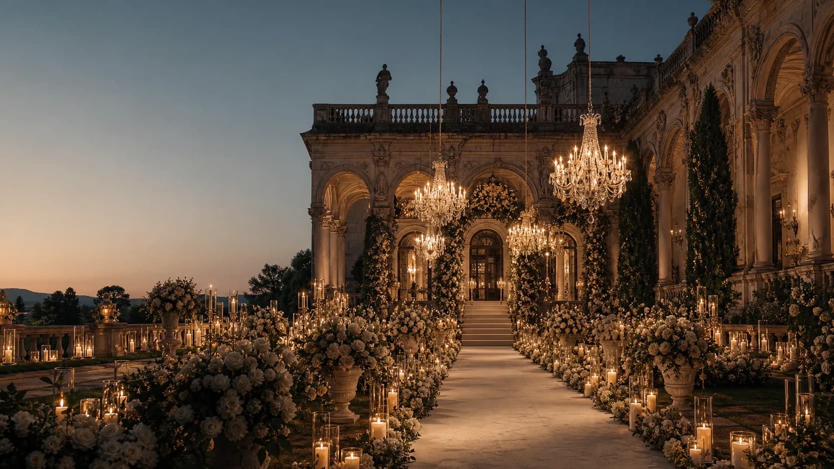 Royal palace wedding ceremony illuminated by candlelight